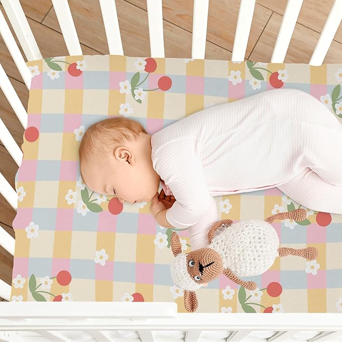 Baby Crib Sheets Gingham Flowers Crib Sheets for Boys Girls,Neutral Bassinet Toddler Bed Play Sheets Breathable Soft and Portable 52 * 28 * 9in