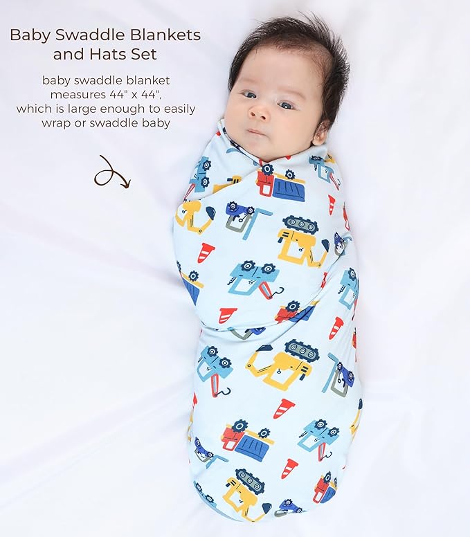 Newborn Swaddle Blanket with Hat Set,Unisex Baby Receiving Blanket Nursery Wrap for Girls and Boys, Viscose Made from Bamboo Blue Car One Size