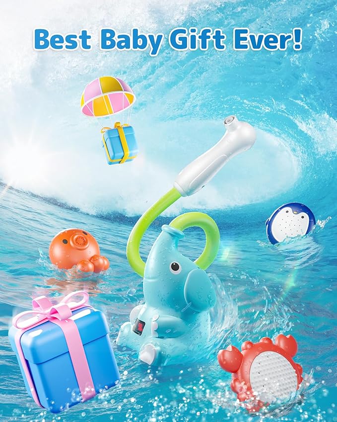 Baby Bath Shower Head with Water Thermometer, 3-in-1 Rechargeable Bath Toys, 3 Exchangable Shower Heads and Soft Silicone Baby Brush, for Newborns, Toddlers in The Tub or Sink-Sensing V3