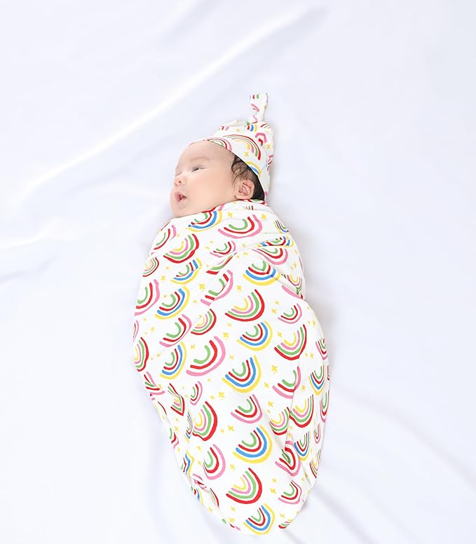 Newborn Swaddle Blanket with Hat Set,Unisex Baby Receiving Blanket Nursery Wrap for Girls and Boys, Viscose Made from Bamboo Rainbow One Size