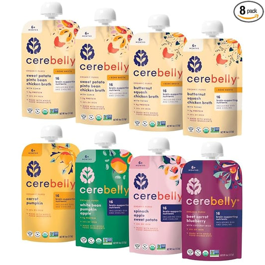 Cerebelly Organic Baby Food Pouches – Organic Veggie and Bone Broth Baby Food | 16 Nutrients, No Added Sugar, Non-GMO | Blended Toddler Food | 4 Ounce BPA-Free Baby Foodes | 6 Flavors | 8 Pack