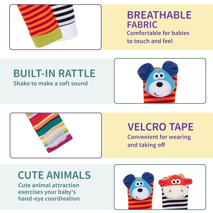 4 Pack Baby Wrist Rattles - Animal Socks Set for Toddlers 1-3, Early Learning Toys