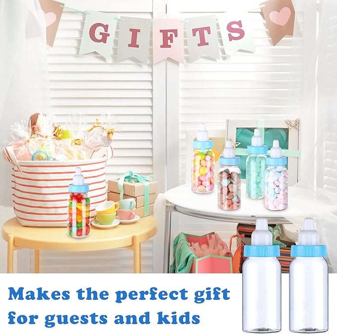 60 Pcs 4.5 Inch Baby Mini Milk Bottle Baby Shower Favor Fillable Feeding Bottle Candy Box Small Plastic Candy Container DIY Gift for Boy Girl Newborn Baptism Party Decor (Blue)
