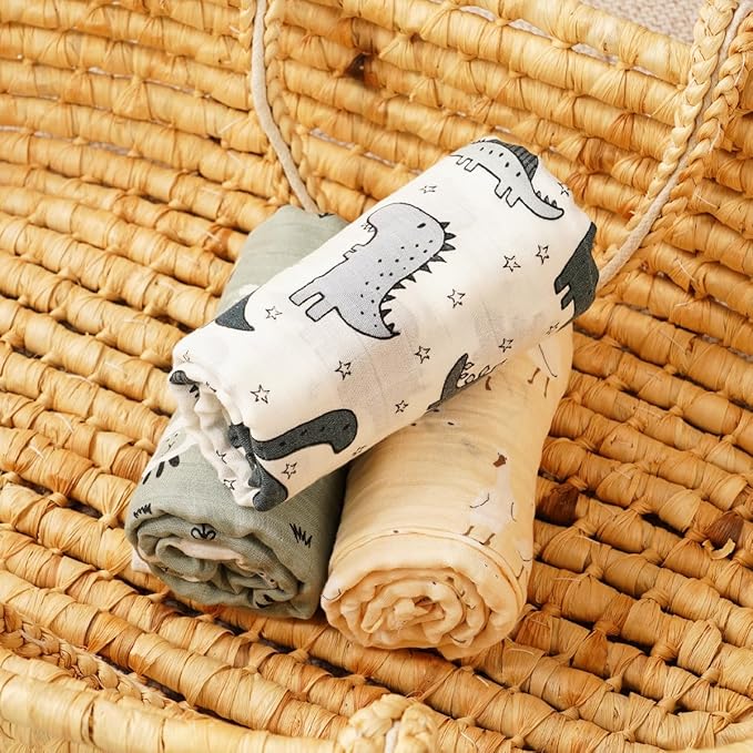 Muslin Swaddle Blankets for Baby Boys and Girls,3 Pack Breathable Soft Receiving Blanket,Large 43.3X 43.3 inches,Newborn Essentials Must Haves(Animal)