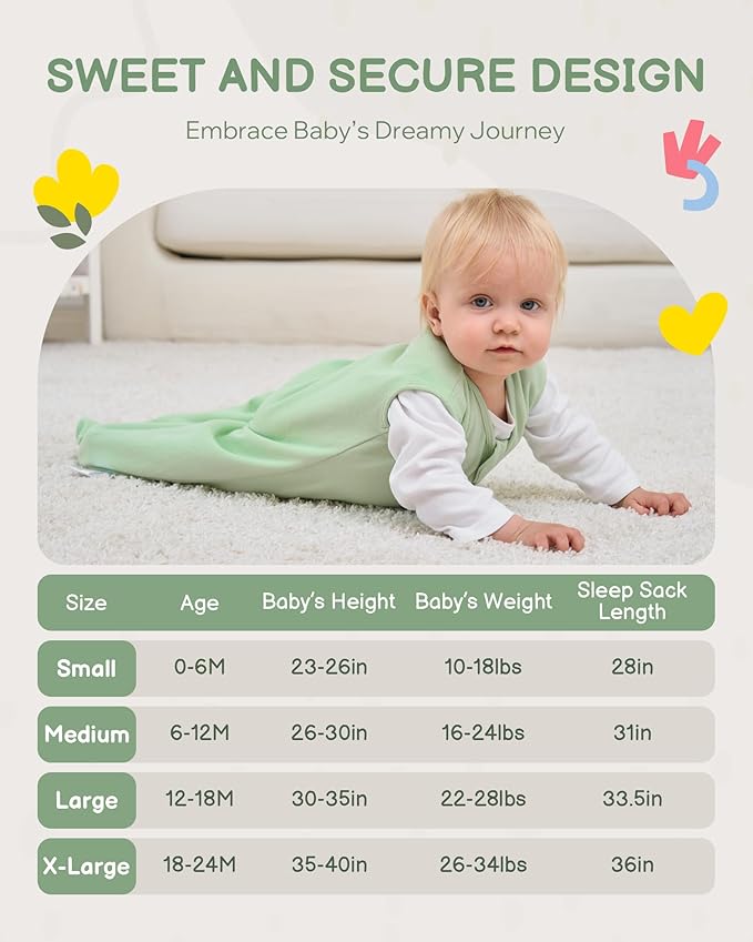 Baby Sleep Sack 18-24 Months, 100% Organic Cotton Wearable Blanket for Babies, 2-Way Zipper Lightweight Breathable Baby Sleeping Bag, 4 Sizes-GreenXL