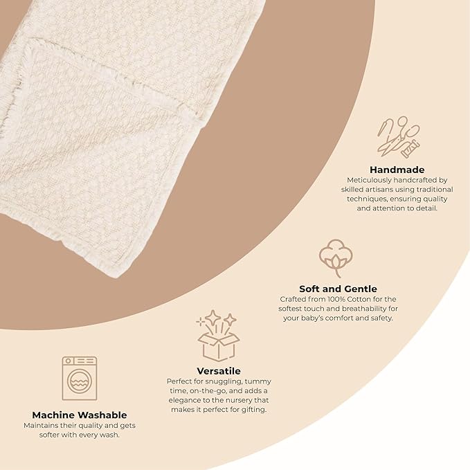 Crane Baby Oatmeal Boho Knit Blanket, Soft Cotton Nursery and Stroller Blanket, 100% Cotton, 30" x 40"
