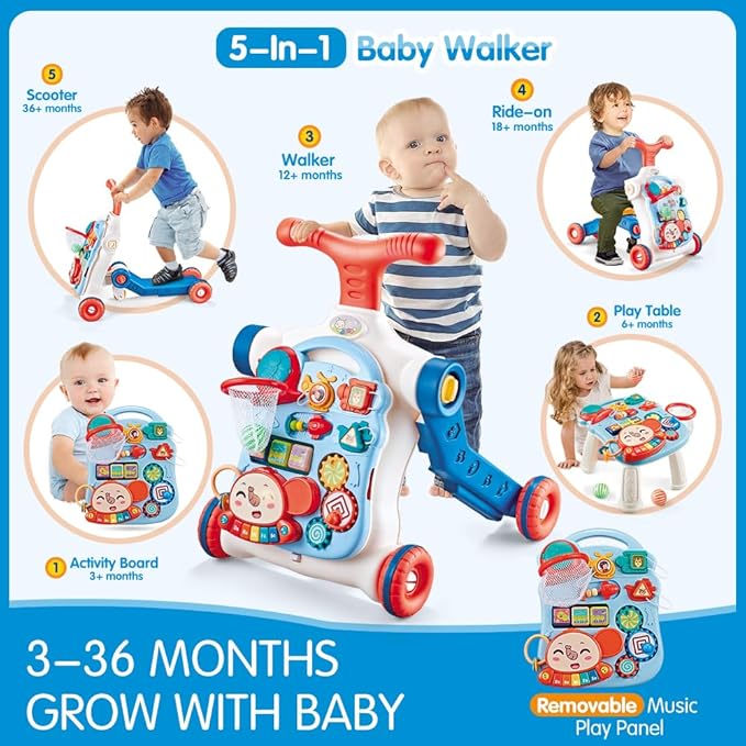 Baby Walker 5 in 1,VATOS Sit-to-Stand Learning Walker,Assemble as Scooter/Balance Bike/Push Walker/Activity Table/Detachable Panel,Push Walkers Toys with Music for Toddlers Infant Boys Girls