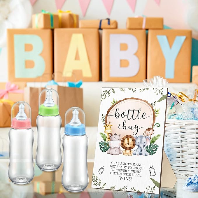 Roowest Bottle Chug Baby Shower Game Favors 12 Pcs Baby Bottles Shower Favor with 1 Wooden Sign for Gender Reveal Party Supplies Gifts(Animals)