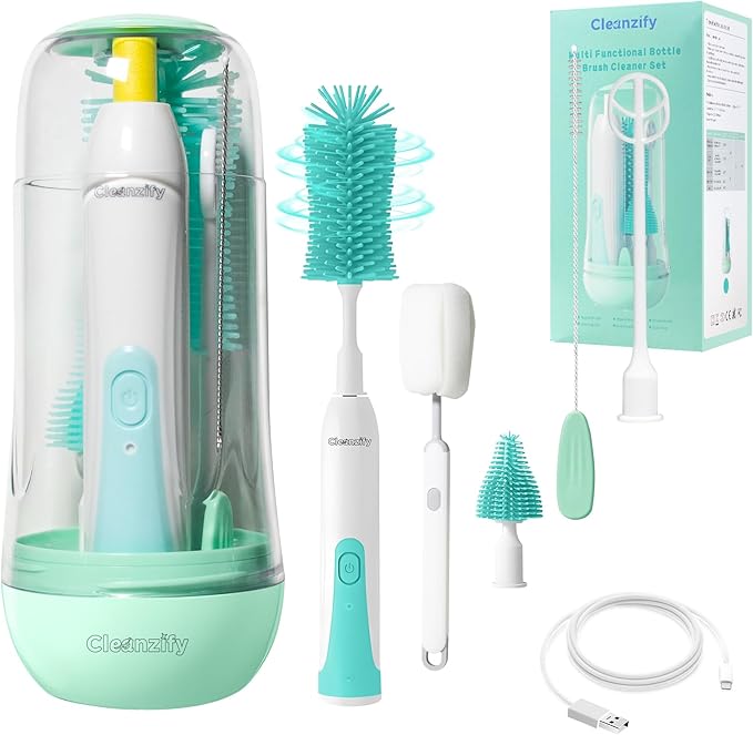 Electric Bottle Cleaner, Rechargeable Baby Bottle Cleaner Set for Travel, Waterproof with 2 Brush Heads, Straw Brush, Mixing Head, Storage Box