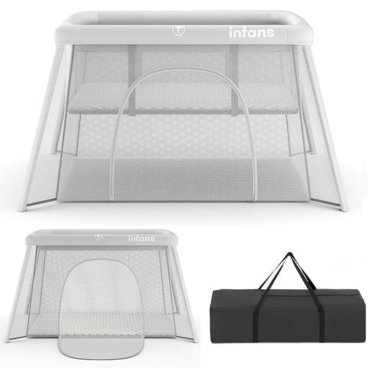 INFANS Travel Crib, Portable Baby Playpen with Removable Bassinet Soft Mattress Carry Bag, Foldable Lightweight Playard Nursery Center for Newborns Toddlers (Light Gray)