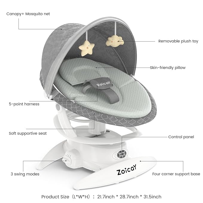 3-in-1 Baby Swing for Infants with Motion Detection, Electric Baby Swing with 3 Swing Modes, 12 Lullabies & 5-Speeds & Removable Swing Seat, BT Enabled & 360Β°Rotating Seat and Manual Remote, Gray