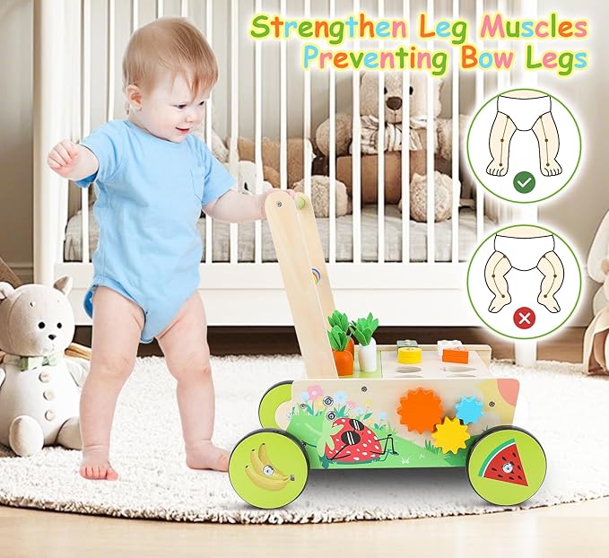 Wooden Baby Walker with Wheels,Toddler Push and Pull Walker Montessori Multiple Activity Center with Shape Sorting Grocery Toy and Puzzles Push Cart for Boys Girls 6-12 Months 1 2 3 Years Old (Fruit)