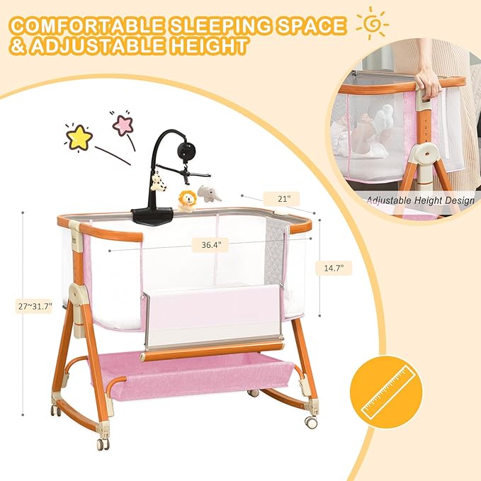 3 in 1 Bassinet,Baby Bassinets Bedside Sleeper with Musical Toy,Adjustable Height Bedside Bassinet for Baby with Wheels and Storage Basket,4-Sided Mesh Bedside Crib for Newborn 0-6 Months (Pink)