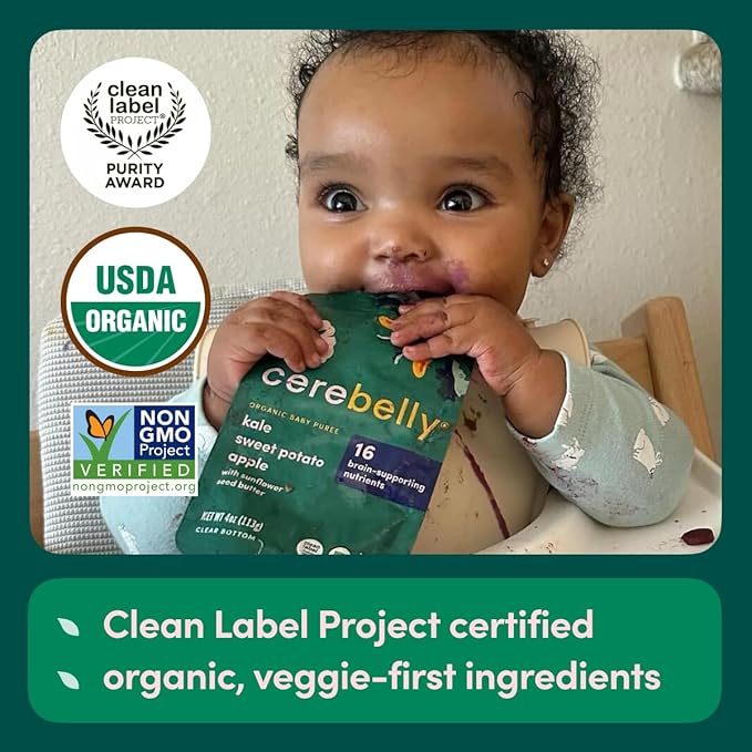 Cerebelly Baby Food Pouches – Organic Veggie Purees for Toddlers | No Added Sugar, Fiber, Non-GMO | Blended Toddler Pouches | 4 Ounce BPA-Free Pouch | Kale Sweet Potato Apple | 6 Count