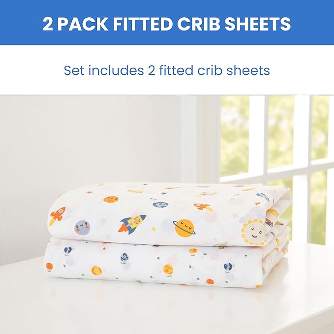 Delta Children Fitted Crib Sheets for Girls and Boys - Crib Sheet for Standard Crib and Toddler Mattresses - 28x52 Inch (Pack of 2), Space Exploration