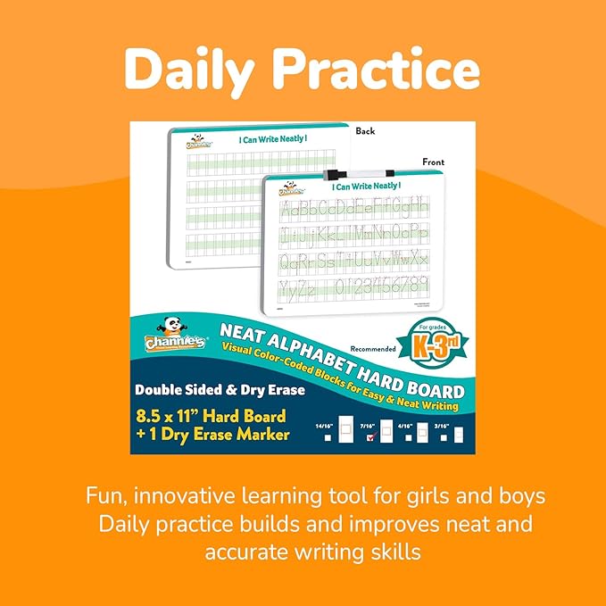 Channie’s Visual Dry Erase Neat Alphabet Hard Board for 1st, 2nd, 3rd Elementary School Students, Handwriting Practice, Homeschool Learning Supplies and Summer Teaching Workbooks