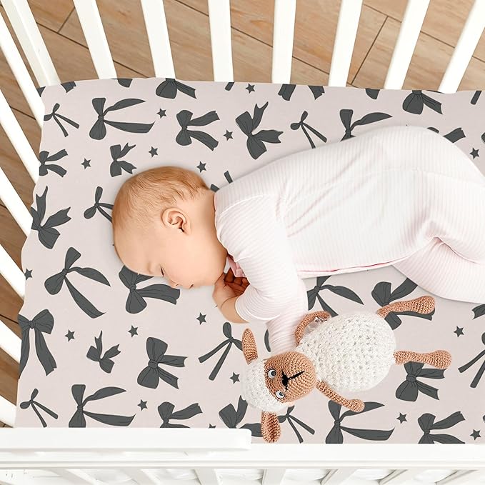 Baby Crib Sheets Black Cute Bow Crib Sheets for Boys Girls,Neutral Bassinet Toddler Bed Play Sheets Breathable Soft and Portable 52 * 28 * 9in
