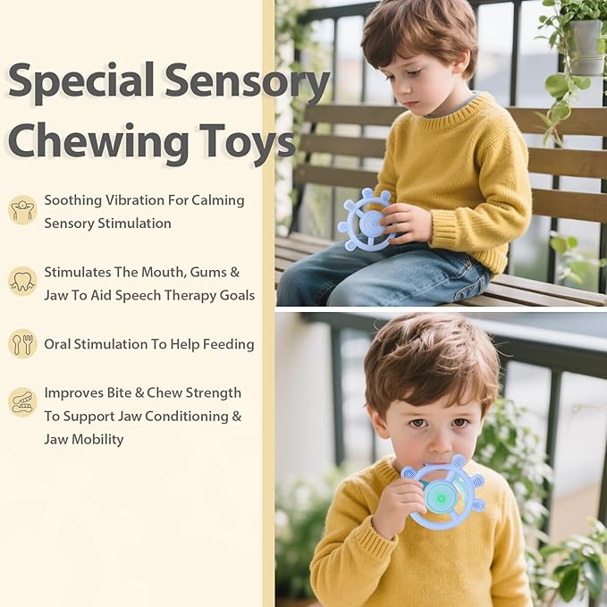 Vibrating Teether for Baby, Sensory Chew Toys for Autistic Children & Teething Toys for Babies 6-18 Months, USB Chargeable & 3X Vibration Settings. Toddler Travel Essential, Autism Sensory Products