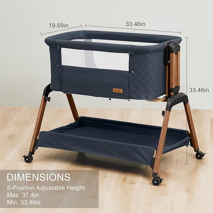 3 in 1 Baby Bassinet, Rocking Bassinets with Comfy Mattress and Wheels, Adjustable Height Bassinet Bedside Sleeper, Easy Folding Portable Crib for Newborn (Navy Blue)