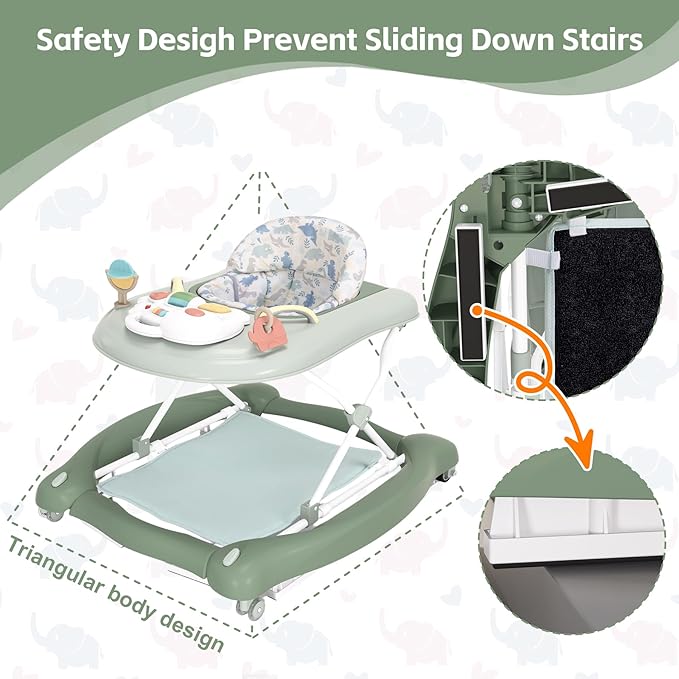 Foldable Baby 5-in-1 Activity Walker - Rocker, Activity Center, Bouncer, Seat Walker, Push Walker - Adjustable Speed Rear Wheels and Height Toys Ages 6-18 Months… (Light Green)