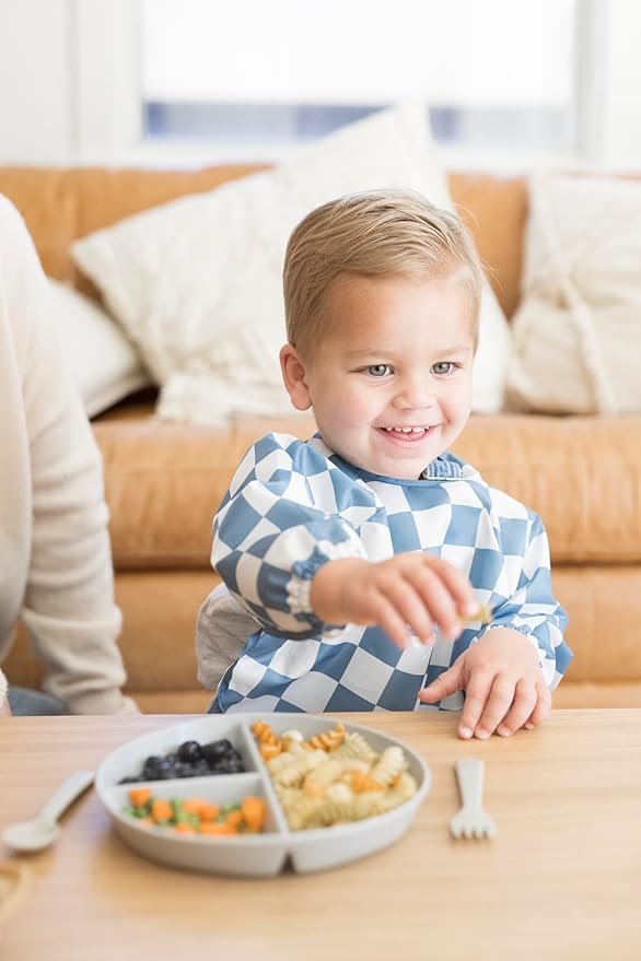 Tiny Twinkle Mess Proof Baby Bib,Waterproof Smock Baby Bib for Eating,Machine Washable Long Sleeve Bib,Baby Led Weaning,Toddler Bib (Checkers Blue, Large 2-4 Years)