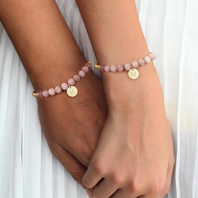 Ritach Initial Bracelets for Girls - Pink Zebra Natural Stone Bracelet Real Gold Plated Beaded Bracelets Adjustable Disc Initial Bracelets for Girls Kids Teen Girl Gifts