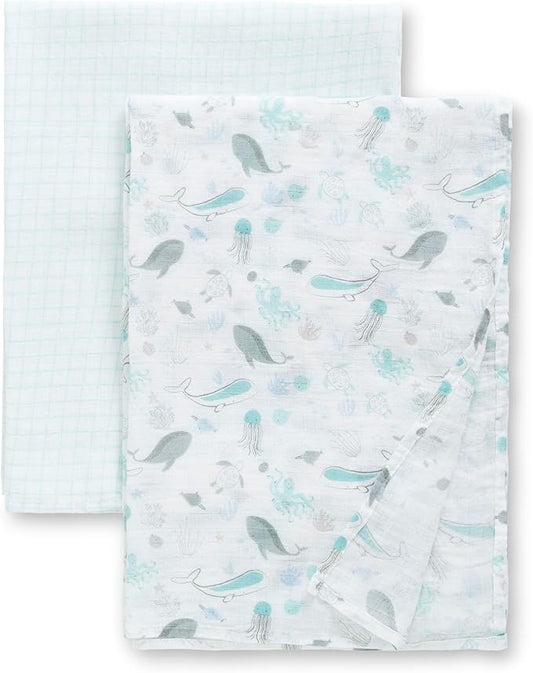 Delta Children 100% Cotton Muslin Baby Receiving Blankets for Girls and Boys – 47x47 Inches (Pack of 2), Sea Life