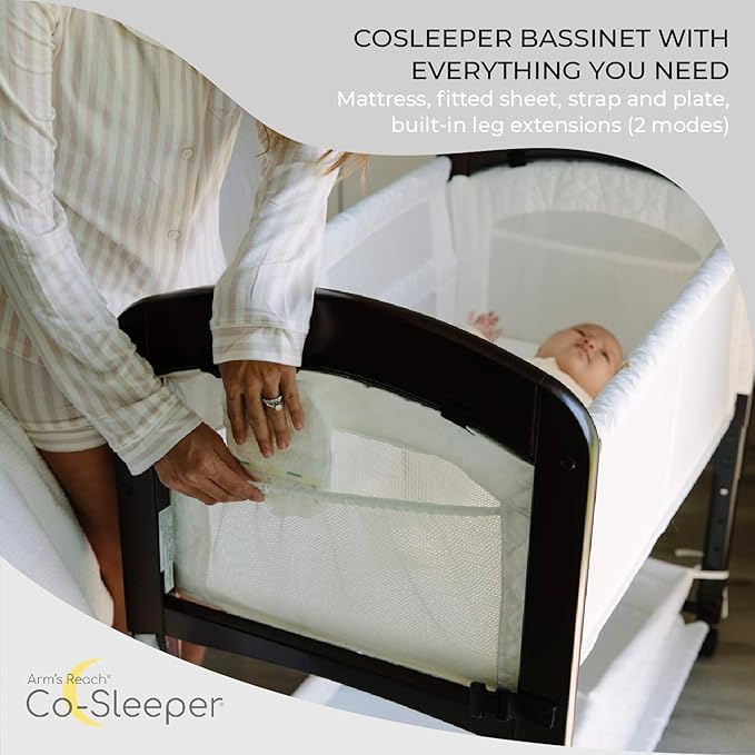 Arm’s Reach Cambria Co-Sleeper Bedside Bassinet Featuring Height-Adjustable Legs, Curved Wooden Ends, Breathable Mesh Sides with Pockets, and Large Lower Storage Basket, Espresso and White