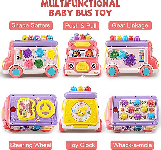 Music Activity Bus Baby Toy, Infant Education Learn Car, Sound & Light, Interactive Game, Shape Sorter, Animal Matching, Holiday Birthday Present for Toddler Kid Boy Girl 3 4 5 6 7 Years (Pink)