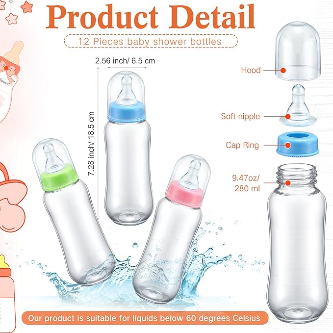Roowest Bottle Chug Baby Shower Game Favors 12 Pcs Baby Bottles Shower Favor with 1 Wooden Sign for Gender Reveal Party Supplies Gifts(Cutie)