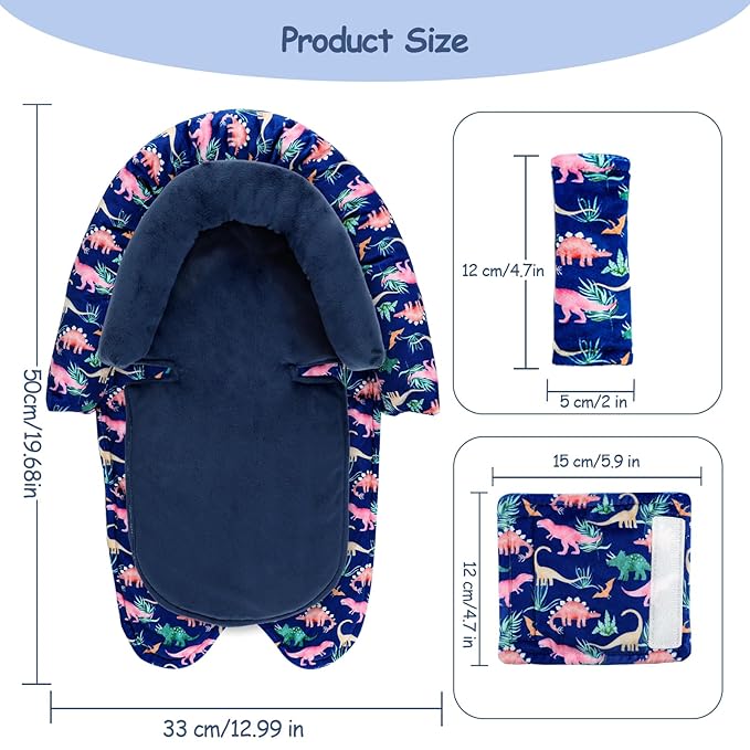 SWESEN Baby Car Seat Head Support, Super Soft 2 in 1 Infant Car Seat Insert, Reversible Newborn Car Seat Insert Cushion with Strap Covers for Strollers, Bouncers, Swing, Navy Dinosaur