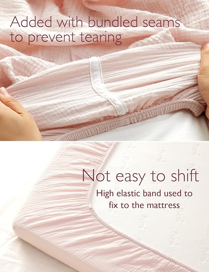 Momcozy Muslin Fitted Mini Crib Sheets, 38"x26", 2 Pack Soft Breathable Natural Cotton Baby Mattress Sheet, 360° Mattress Wrapping No Slip Boys Girls Neutral Toddler Bed Sheet, Beige Blush