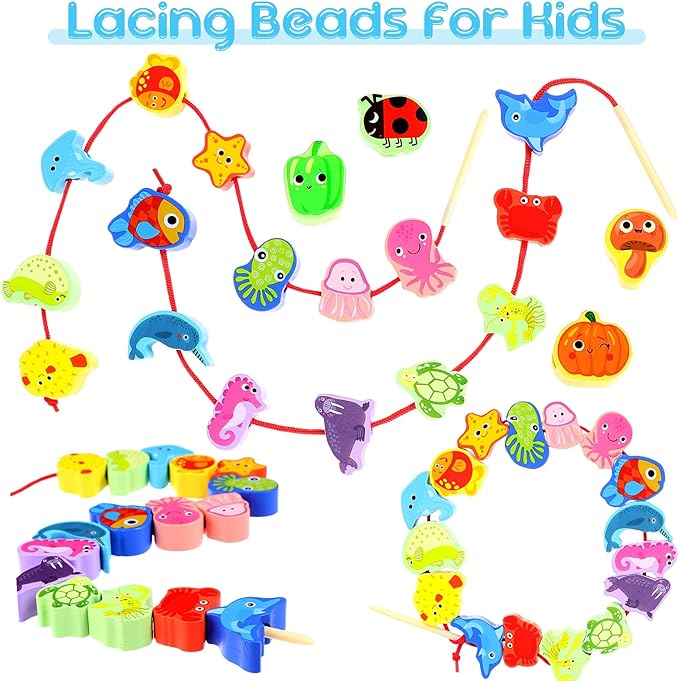 Shappy 93 Pcs Montessori Wooden Educational Threading Toys Farm Animals Fruits Wooden Lacing Beads Toys Preschool Stringing Beads for Toddler 3 4 5 Year Old Kids Boys Girls Gifts