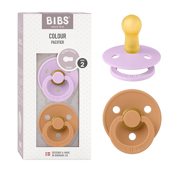 BIBS Pacifiers Colour Collection | Natural Rubber Baby Pacifier | Round Nipple | Set of 2 BPA-Free Soothers | Made in Denmark | 6+ Months (Pack of 2) | Violet Sky/Pumpkin
