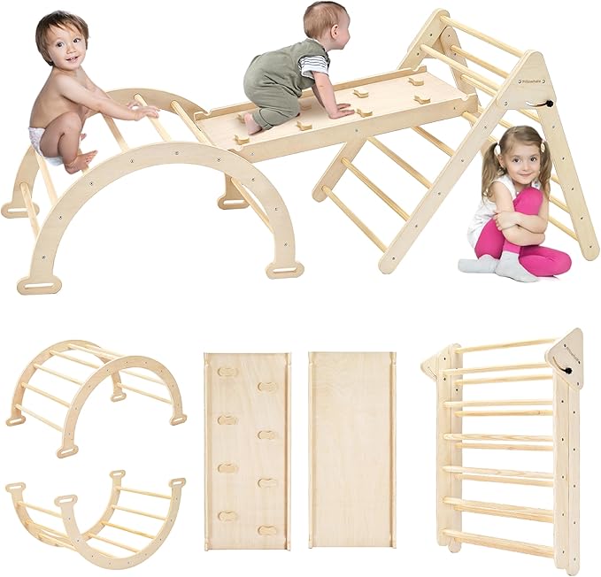 Extra‑Large Montessori Wooden Climbing Triangle Set—Foldable Toddler Gym Triangle, Climbing Ramp & Arch, Indoor Playground for Toddlers 12+ Months