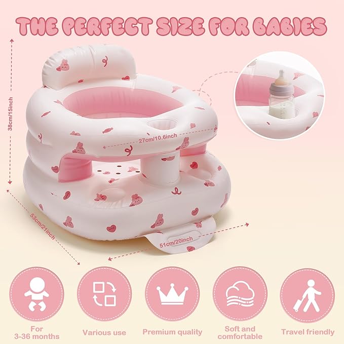 Inflatable Baby Seat for Babies 3-36 Months,Baby Floor Chair with Built in Air Pump,Infant Back Support Seat for Sitting & Learning to Sit (Pink Bunny)