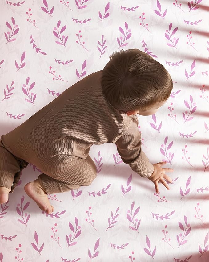 Pack and Play Sheets Fitted 3 Pack, Mini Crib Sheets for Pack N Play Mattress Stretchy Portable Playard Sheets, Soft Breathable Purple Leaf