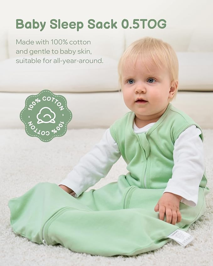 Baby Sleep Sack 18-24 Months, 100% Organic Cotton Wearable Blanket for Babies, 2-Way Zipper Lightweight Breathable Baby Sleeping Bag, 4 Sizes-GreenXL