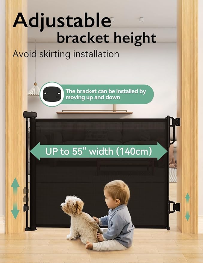 Momcozy Auto Lock Retractable Baby Gate, Safety Gate for Baby and Pet, 33” Tall, Extends to 55” Wide, Mesh Safety Dog Gate for Stairs, Indoor, Outdoor, Doorways, Hallways