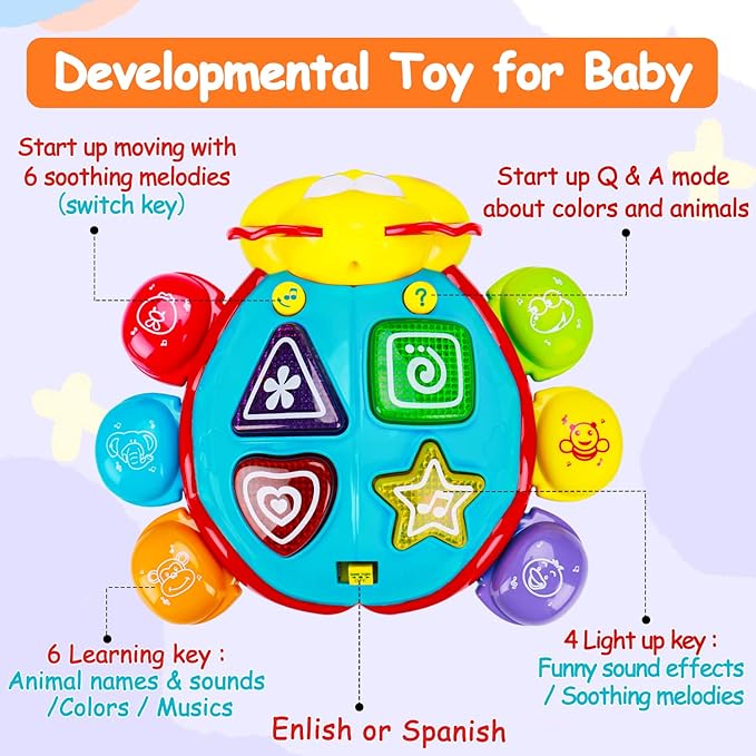 Baby Crawling Toys 6 to 12 Months Tummy Time Spanish English Bilingual Learning Toy Infant Musical Light Up Toy 0-3 4 5 6 7 8 9 10 12-18 Month montessori Gift for 1 2 Year Old Boy Girl Toddler Age 0-2