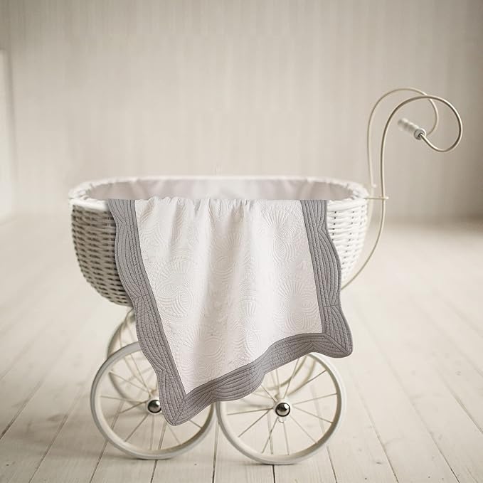 MONOBLANKS Baby Quilt Personlized Monogram Lightweight Embossed Scalloped Throw Blanket Four Seasons (White-Grey Trim)