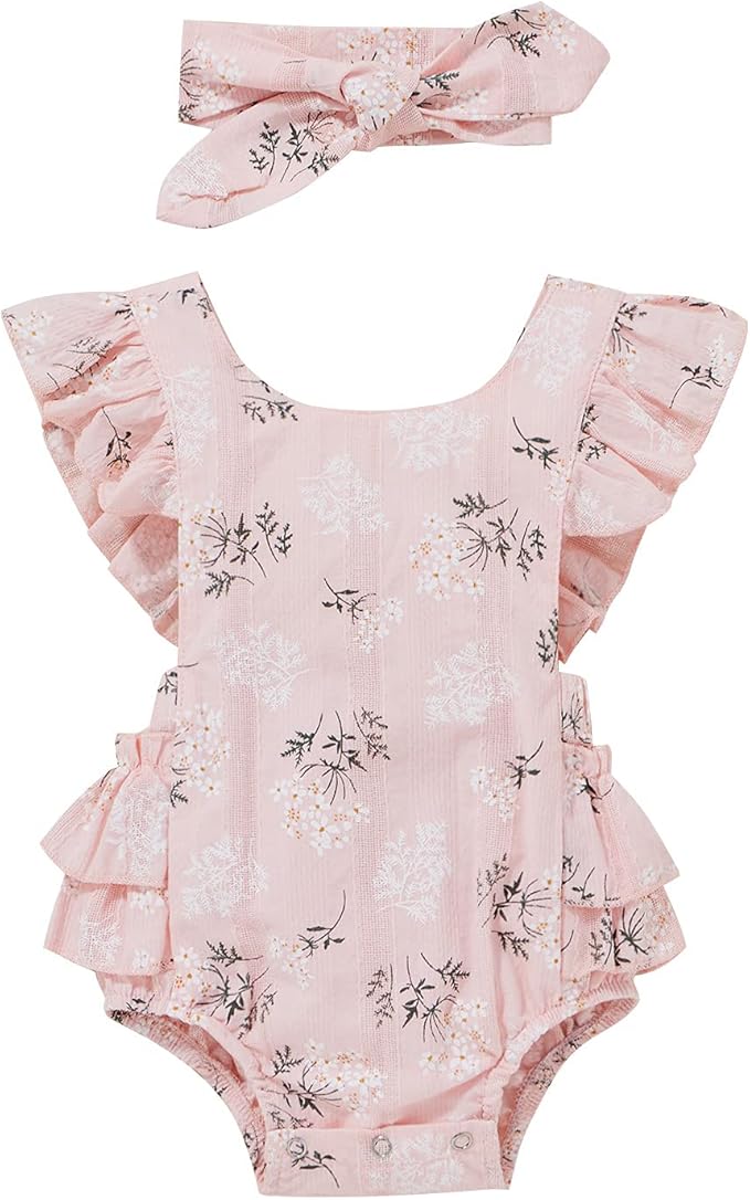 Baby Girls Floral Cotton Leotard Romper Newborn Daisy Playsuits Ruffled Sleeve Onesie Infant Jumpsuit Clothes Headband