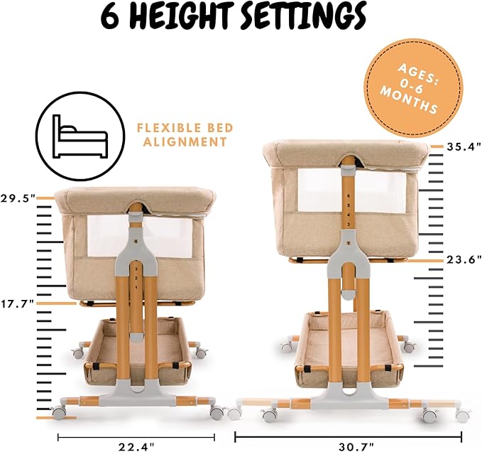 Baby Bassinet Bedside Sleeper 2 in 1 with Wheels, Arms Reach Co Sleeper with Mattress, Incline Option, 6 Adjustable Heights for Newborn to 6 Months Infant