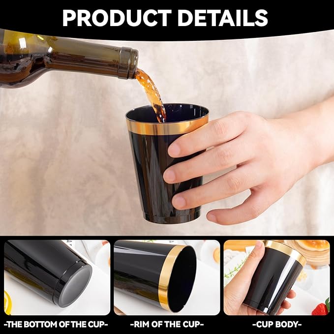 supernal 200pcs Black Plastic Cups 10oz – Disposable Cups with Gold Rim, Premium Black and Gold Plastic Cup, Disposable Cocktail for Wedding, Birthday, Halloween, Christmas & Thanksgiving Parties