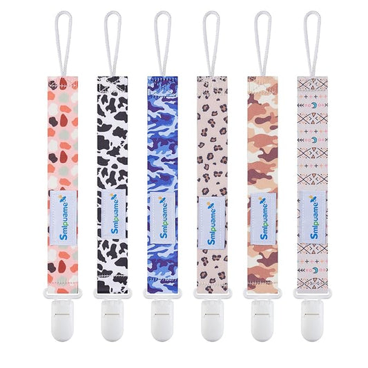 Smlpuame Pacifier Clip for Baby Boys Girl,6 Pack Stylish Binky Clips Strap,Paci Holder with Clips Universal Lightweight Fits Most Pacifiers Teeher Toy Teething Ring,Baby Gifts(Boho & Leopard & Camo)