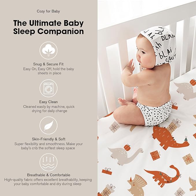 Bimocosy Mini Crib Sheets,Pack and Play Sheets for Baby Girl Boy 4 Pack,Size 38"x 26" for Playard Mattress,Portable Mini Crib,Soft Pack N Play Sheets Fitted, Dinosaur/Leaves/Khaki/Ivory