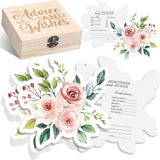 50 Pcs Double Side Baby in Bloom Predictions & Advice Cards Flower Flora Baby Shower Decoration for New Parents Shower Games with Cards Wooden Keepsake Box for Wishes