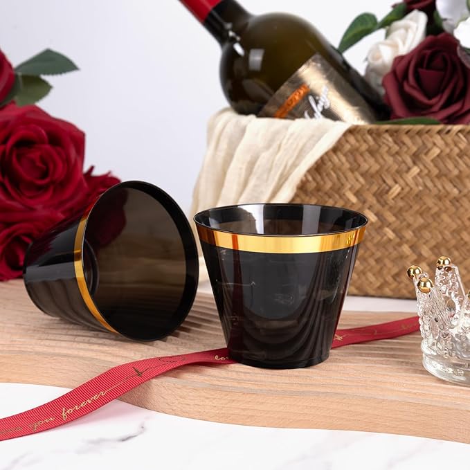 supernal 200 Pcs Gold and Black Plastic Cups-9oz Heavy Duty Plastic Cups,Gold Rimmed Disposable Cups,Disposable Wine Glasses Perfect for Wedding,Birthday Parties,Thanksgiving,Christmas