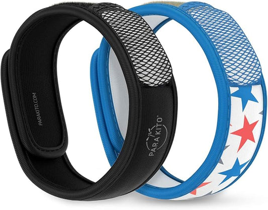 PARA'KITO Mosquito Repellent Bracelets + Refill Pellets Bundle, Mosquito Bracelets, Peppermint Oil, DEET Free Mosquito Repeller, Hiking Accessories, 2 Wristbands & 2 Refills (Black + Stars)