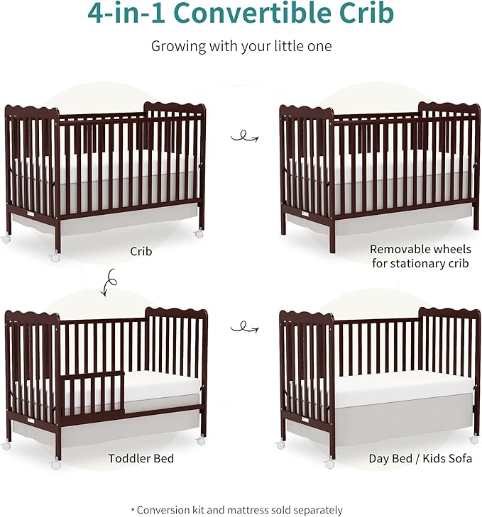 4 in 1 Convertible Baby Crib, Wooden Nursery Cribs Converts into Toddler Bed and Daybed, 3 Adjustable Base, Non-Toxic Finishes, Removable Wheels (Espresso)